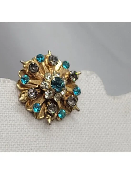 Vtg Gold-Tone Rhinestone Starburst Brooch Pin Turquoise & Clear Crystals Floral - Picture 5 of 10